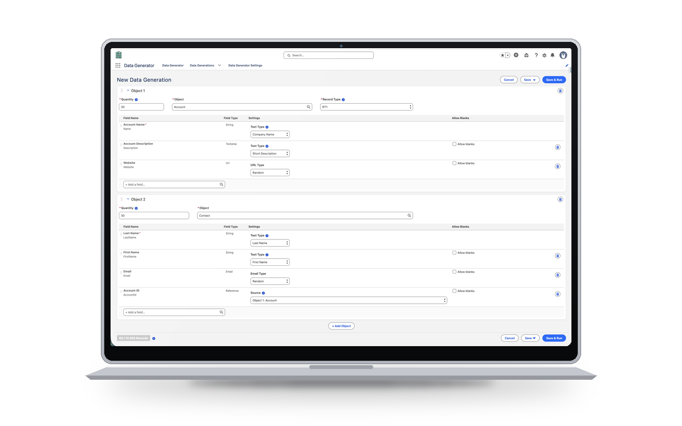 Data Generator — interface de l'application Salesforce