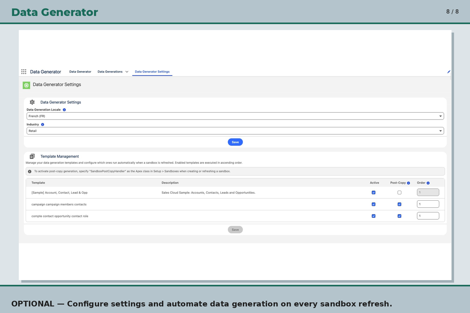 Paramètres et automatisation sandbox